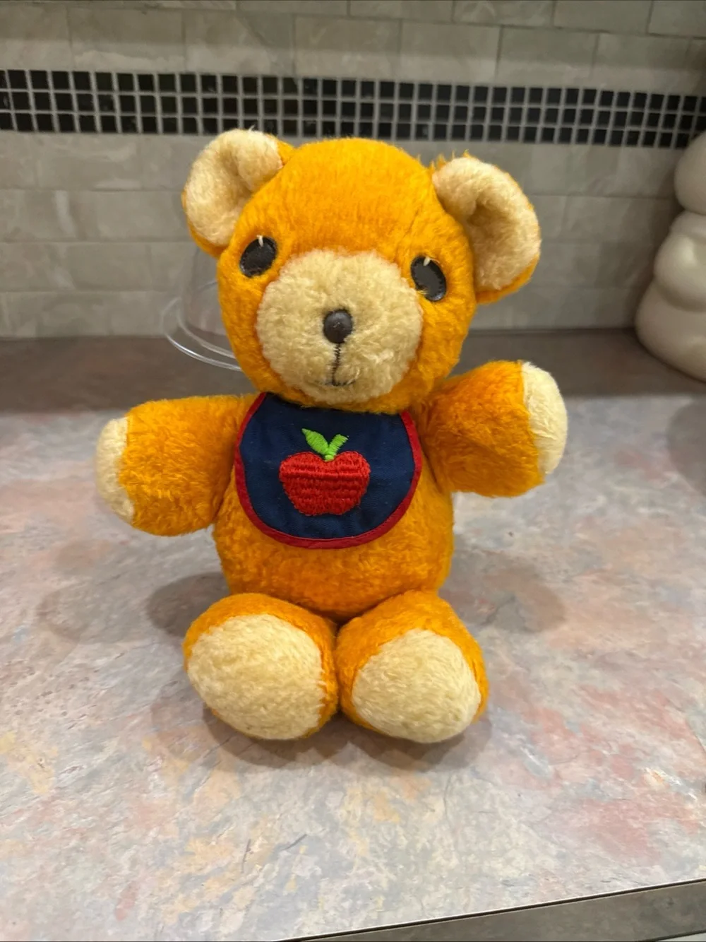 Fisher Price 1975 Freddy Bear Plush #418 Vintage Squeaker Toy Apple Bib Works